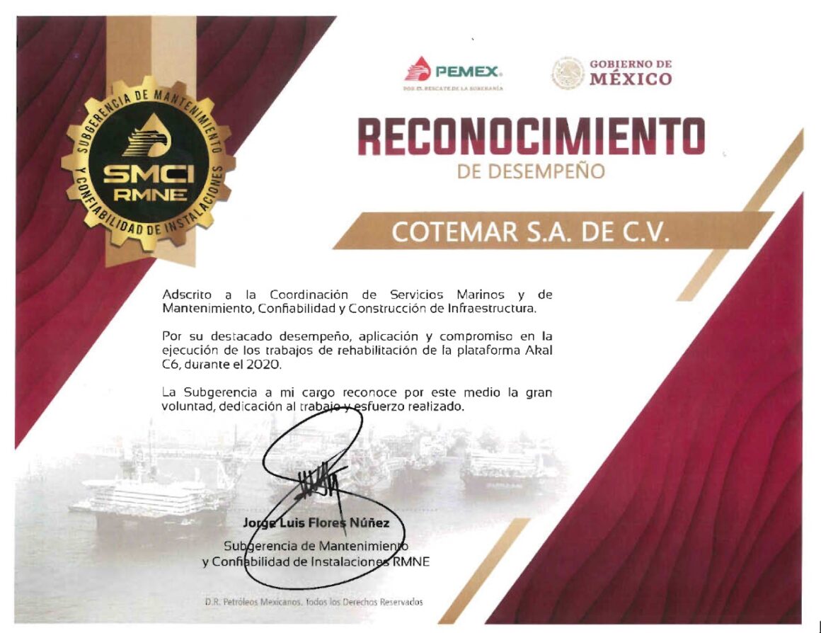Concluye Cotemar rehabilitación de la plataforma Akal C-6 y recibe reconocimiento de Pemex